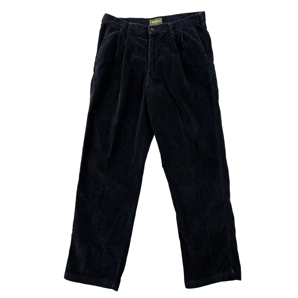 Vintage Eddie Bauer Corduroy Pants Men 36x34 Black Relaxed Fit Pleated Wide Wale